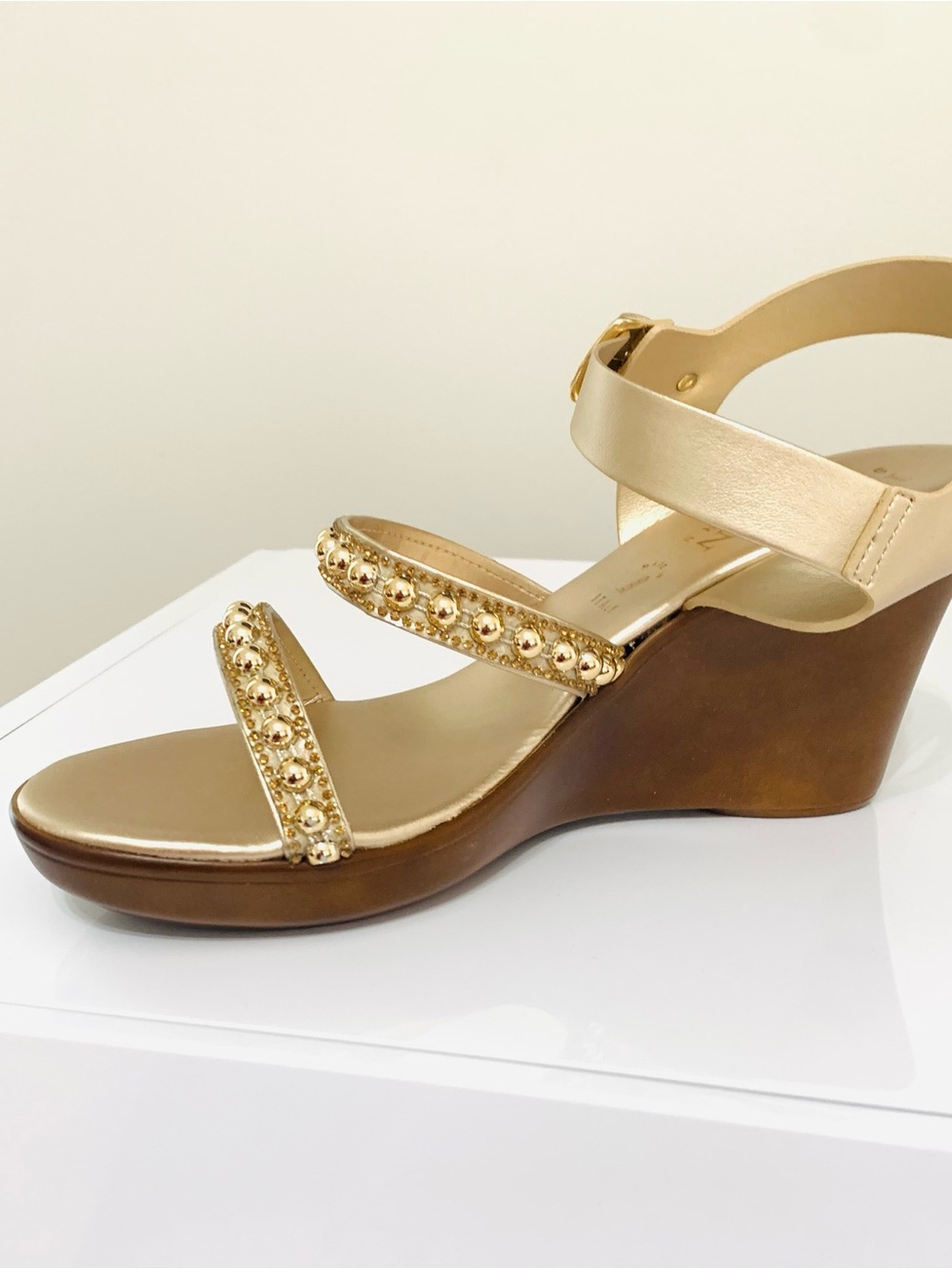 Italian Shoemakers Gold Beaded Wedge Sandals with Brown Wedge